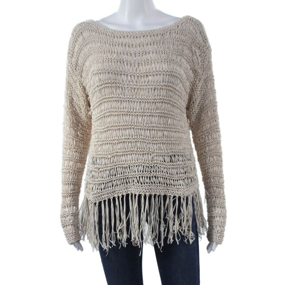 Intermix Women Beige Polyester Boat Neck Pullover Sweater Long Sleeve Size PP